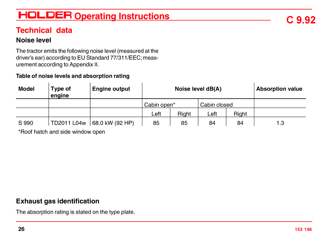 Holder C 9.92 H operating instructions Noise level, Exhaust gas identification 