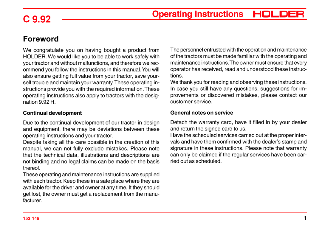 Holder C 9.92 H operating instructions Foreword, Continual development, General notes on service 