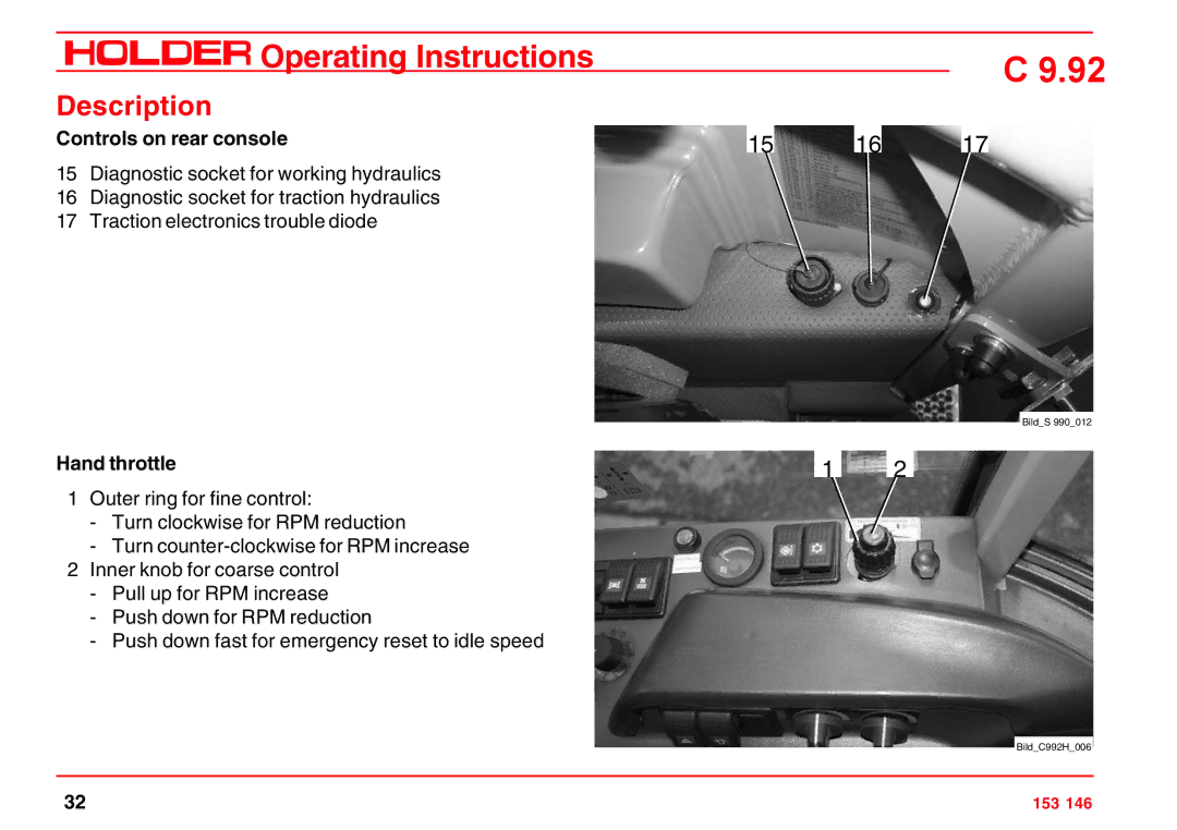 Holder C 9.92 H operating instructions Controls on rear console, Hand throttle 