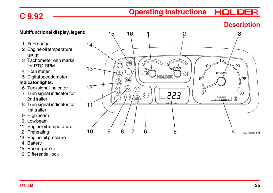 Holder C 9.92 H operating instructions Indicator lights 