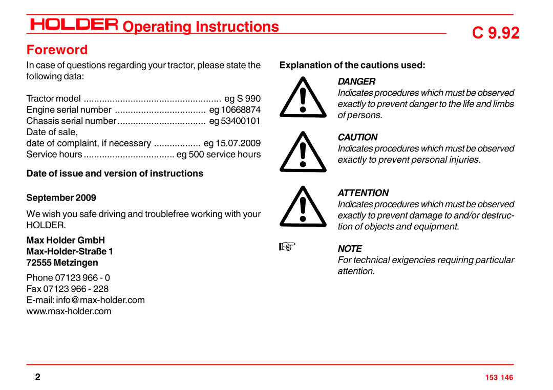 Holder C 9.92 H operating instructions Foreword, September, Max Holder GmbH Max-Holder-Straße Metzingen 