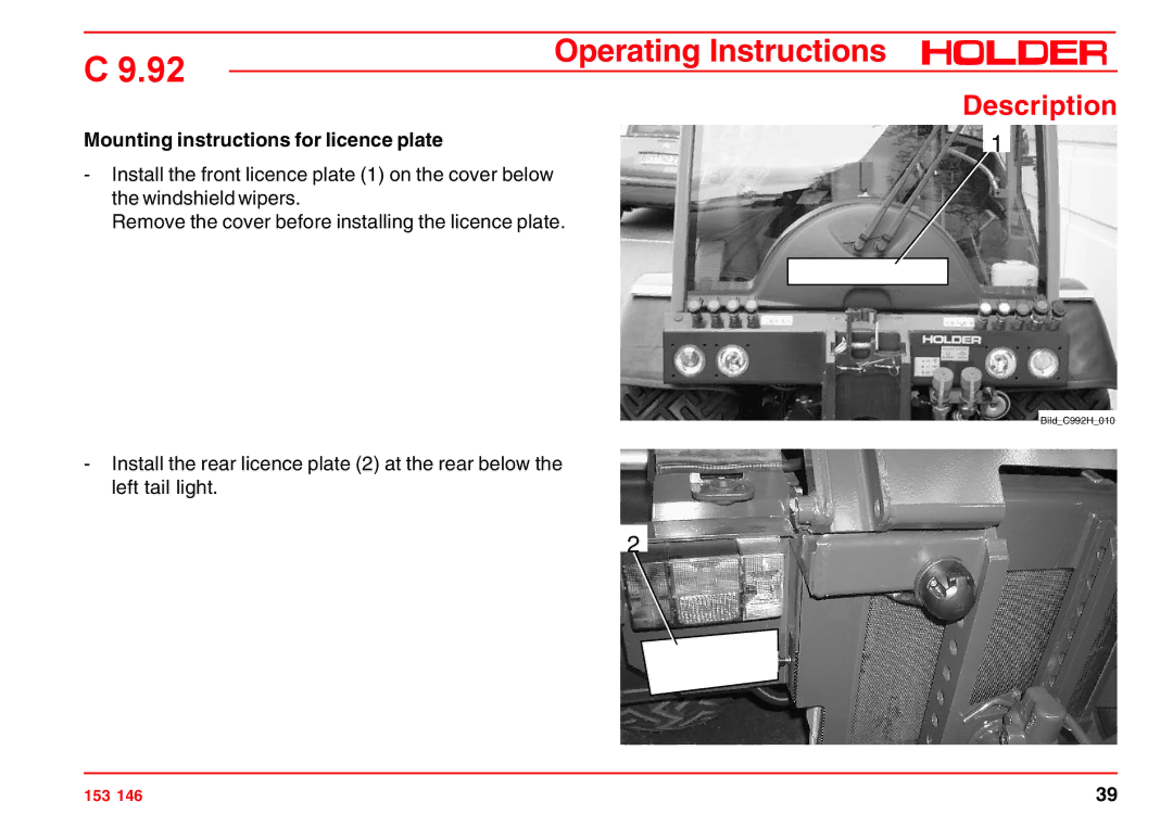 Holder C 9.92 H operating instructions Mounting instructions for licence plate 