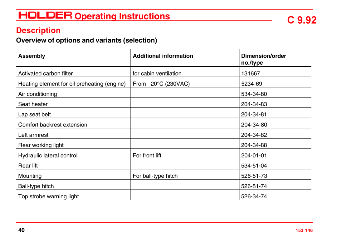 Holder C 9.92 H Overview of options and variants selection, Assembly Additional information Dimension/order No./type 