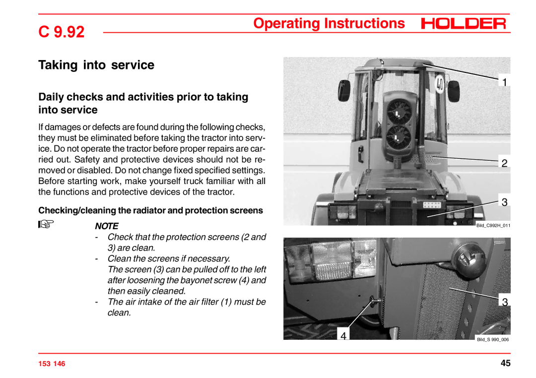 Holder C 9.92 H operating instructions Taking into service, Daily checks and activities prior to taking into service 