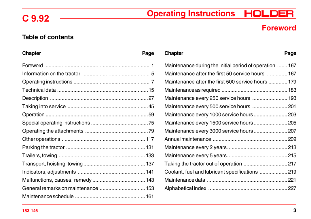 Holder C 9.92 H operating instructions Foreword, Table of contents 