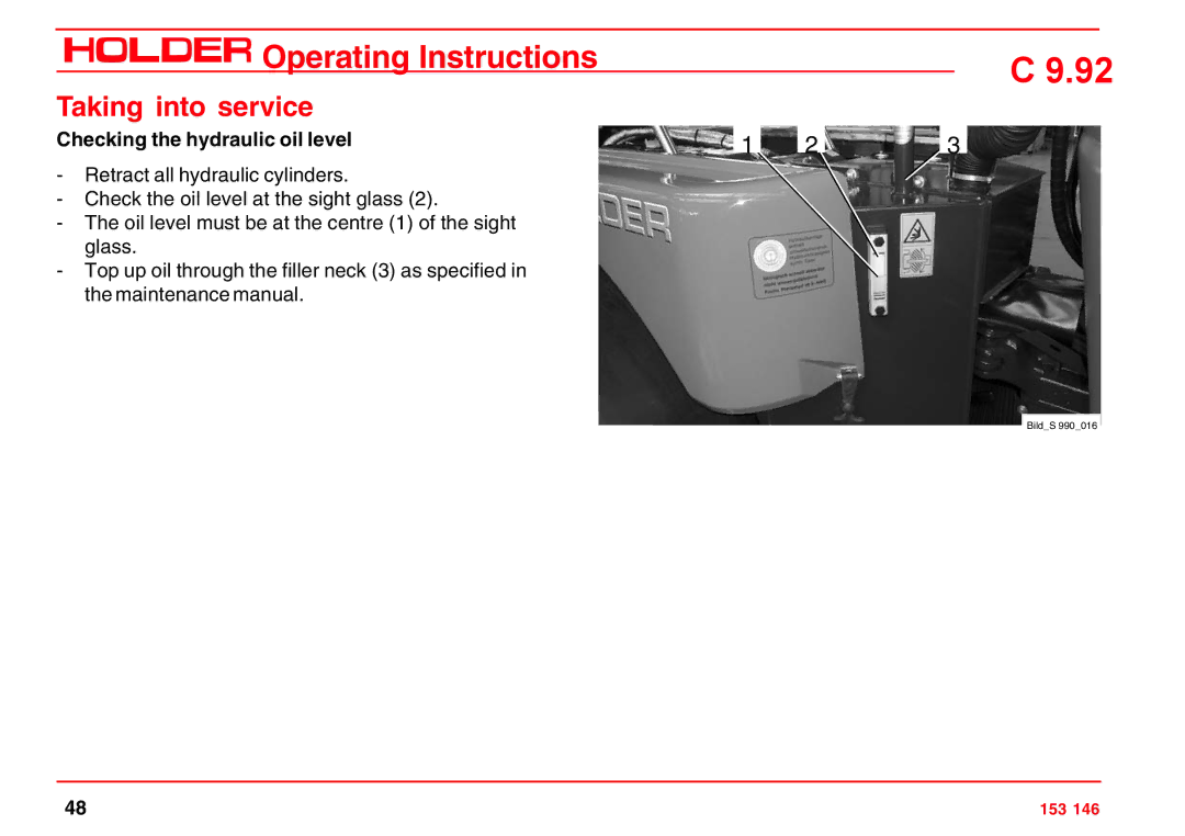 Holder C 9.92 H operating instructions Checking the hydraulic oil level 