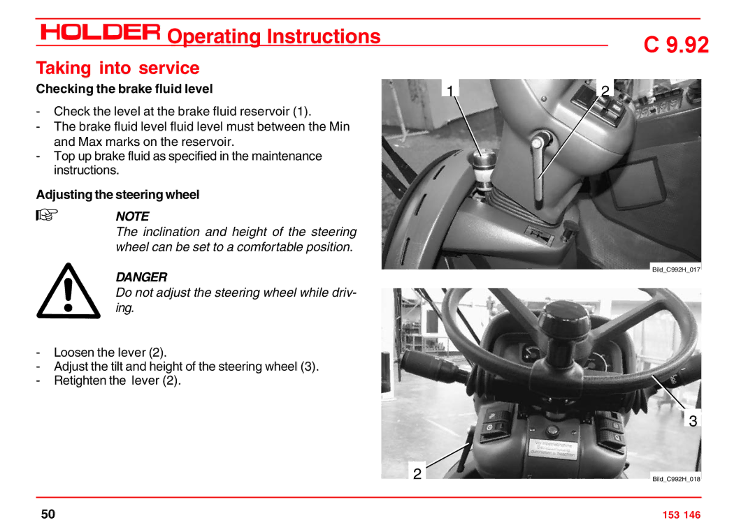 Holder C 9.92 H operating instructions Checking the brake fluid level, Adjusting the steering wheel 