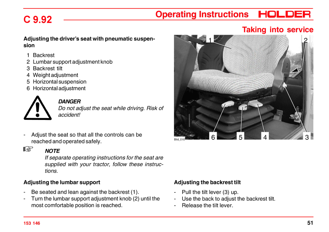 Holder C 9.92 H Adjusting the driver’s seat with pneumatic suspen- sion, Adjusting the lumbar support 