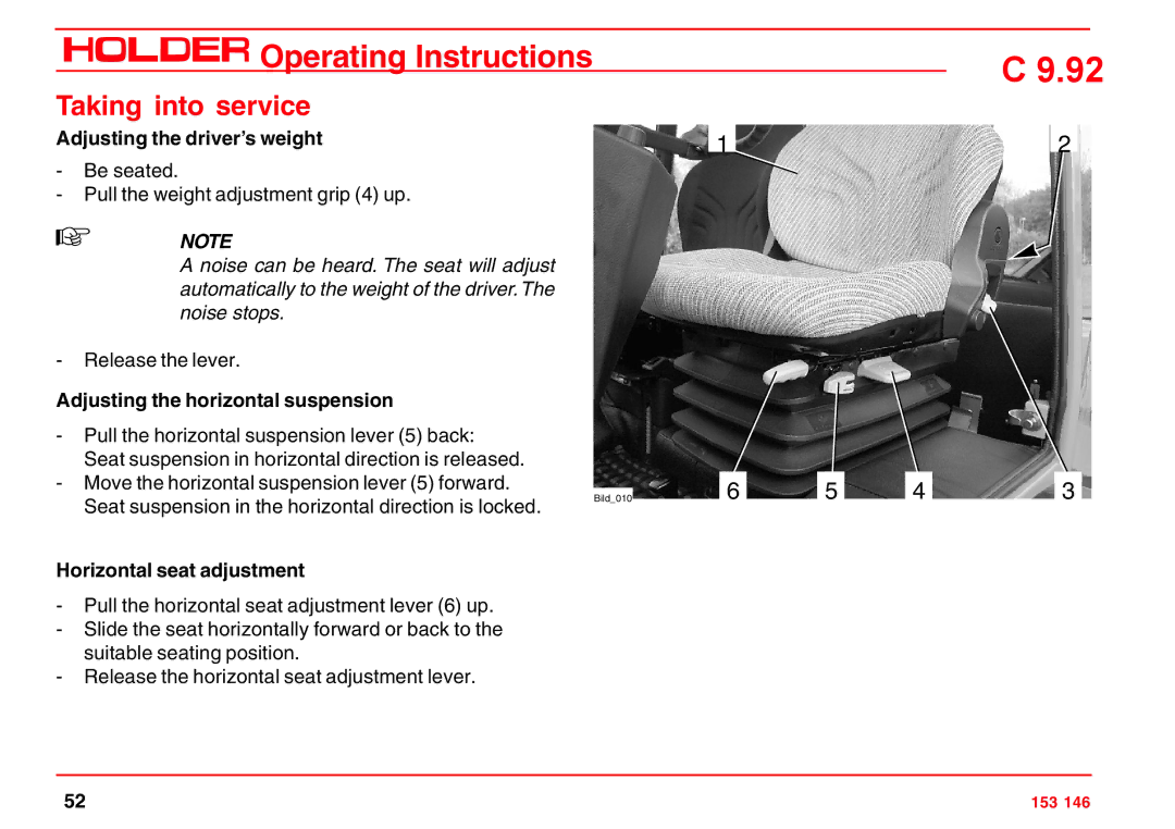 Holder C 9.92 H Adjusting the driver’s weight, Adjusting the horizontal suspension, Horizontal seat adjustment 