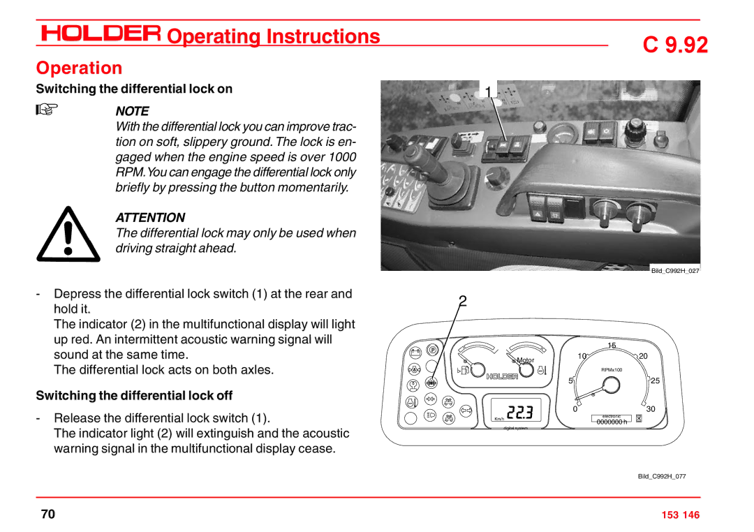 Holder C 9.92 H operating instructions Switching the differential lock on, Switching the differential lock off 