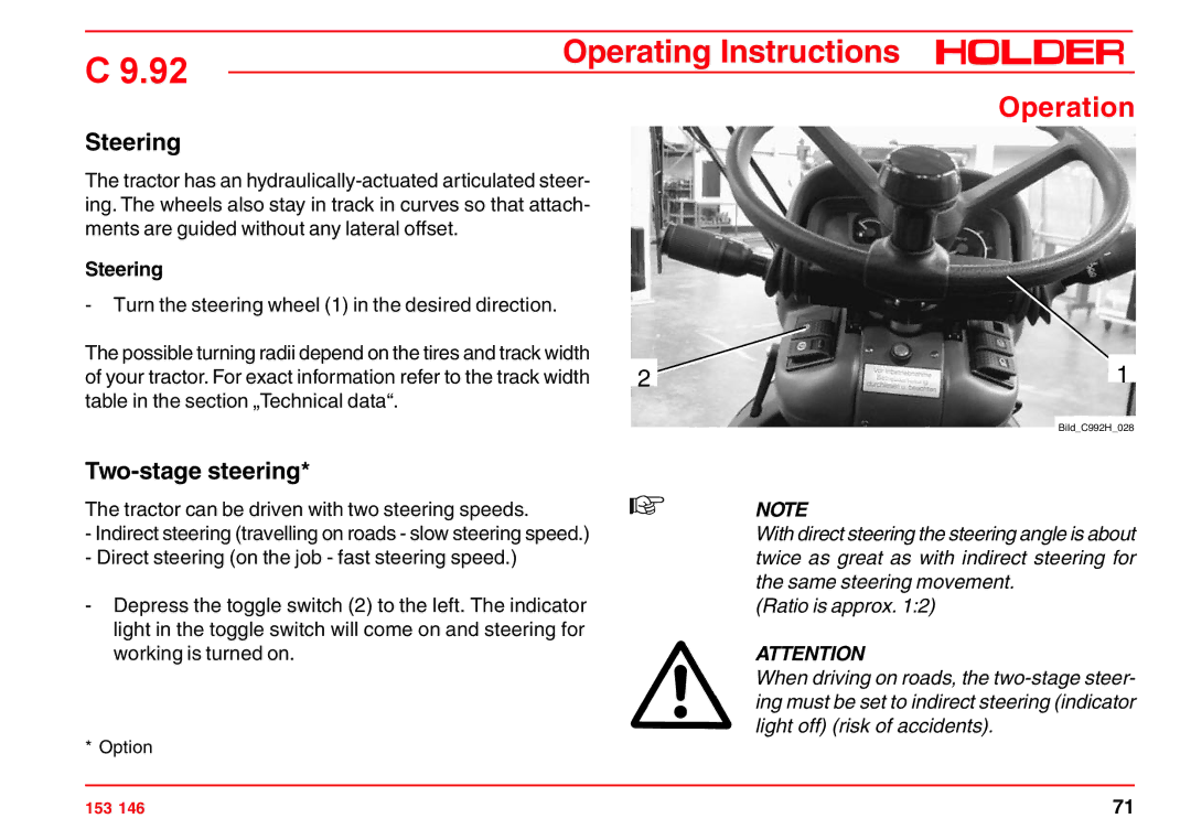 Holder C 9.92 H operating instructions Steering, Two-stage steering 