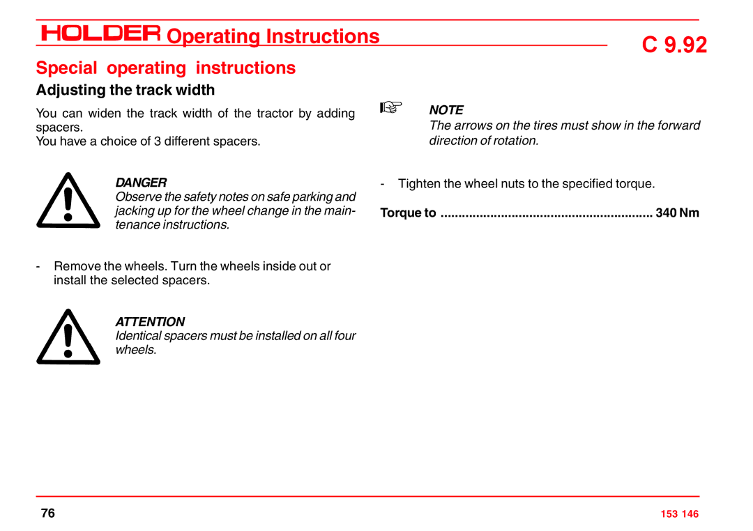 Holder C 9.92 H Special operating instructions, Adjusting the track width, 340 Nm 