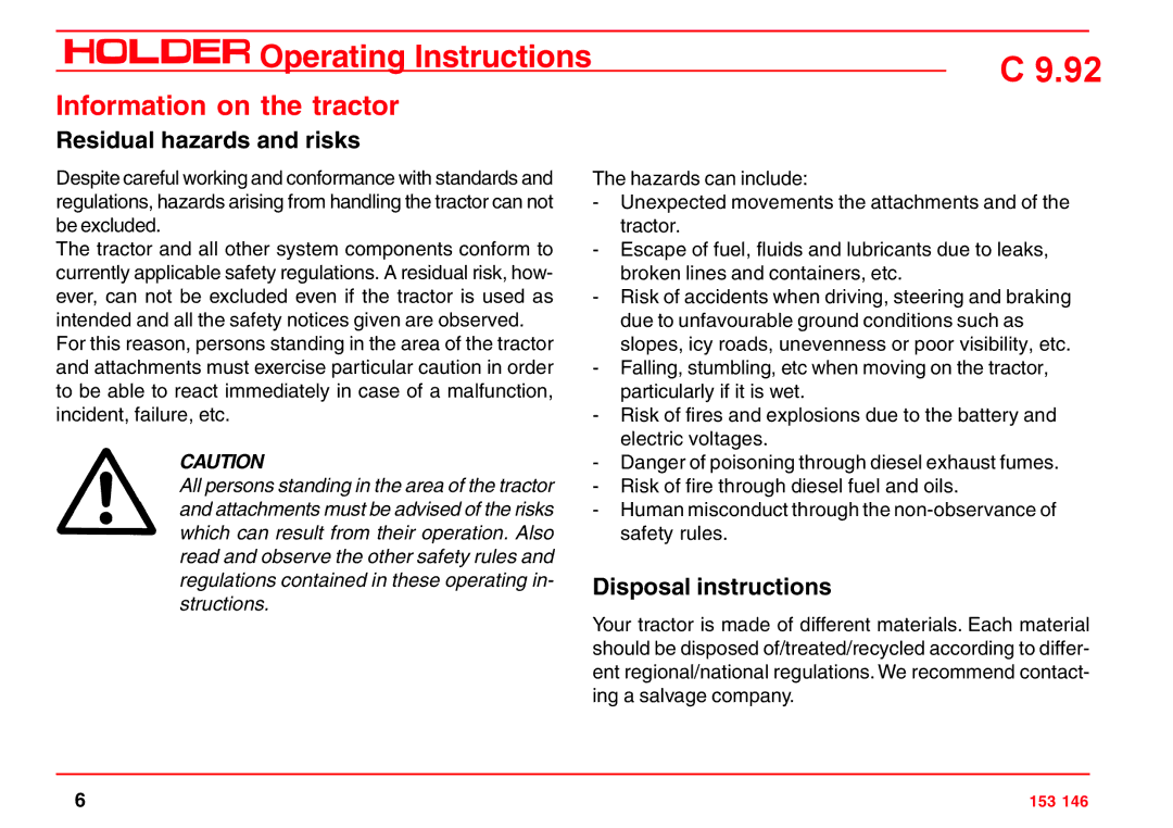 Holder C 9.92 H operating instructions Information on the tractor, Residual hazards and risks, Disposal instructions 