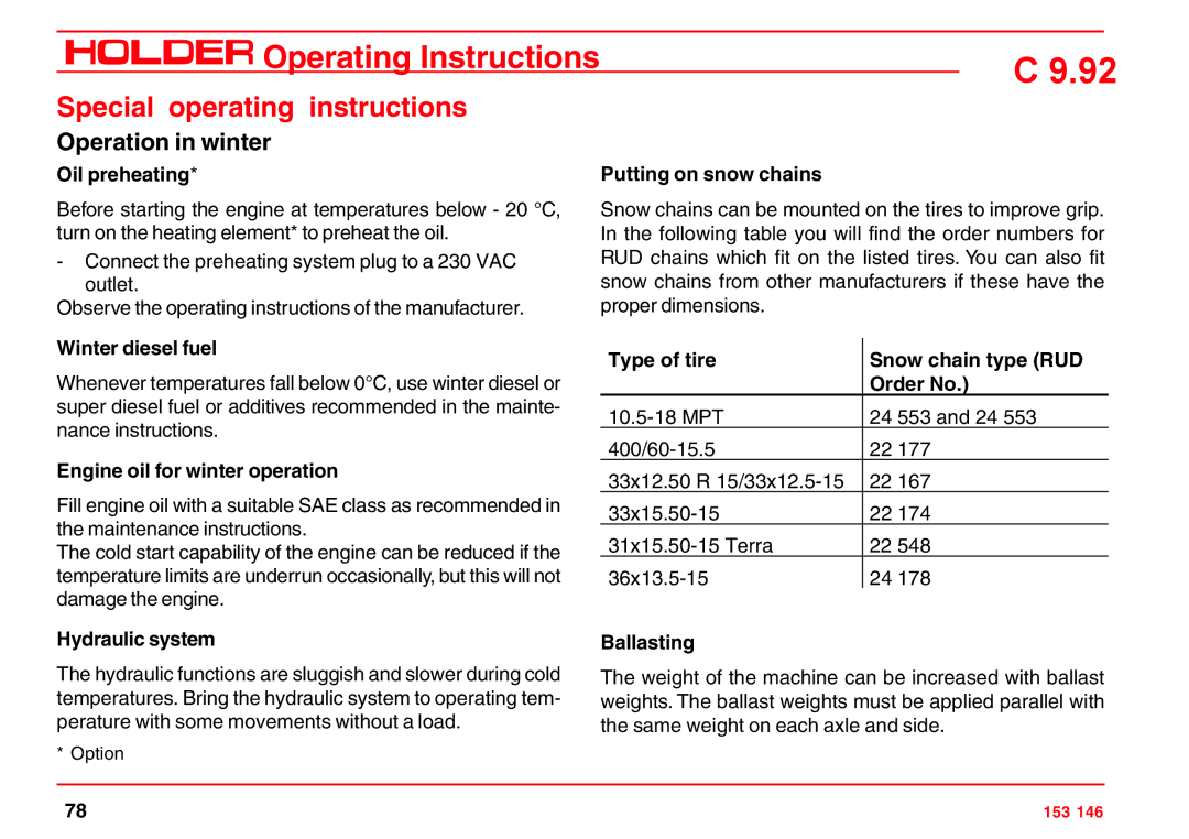 Holder C 9.92 H operating instructions Operation in winter 