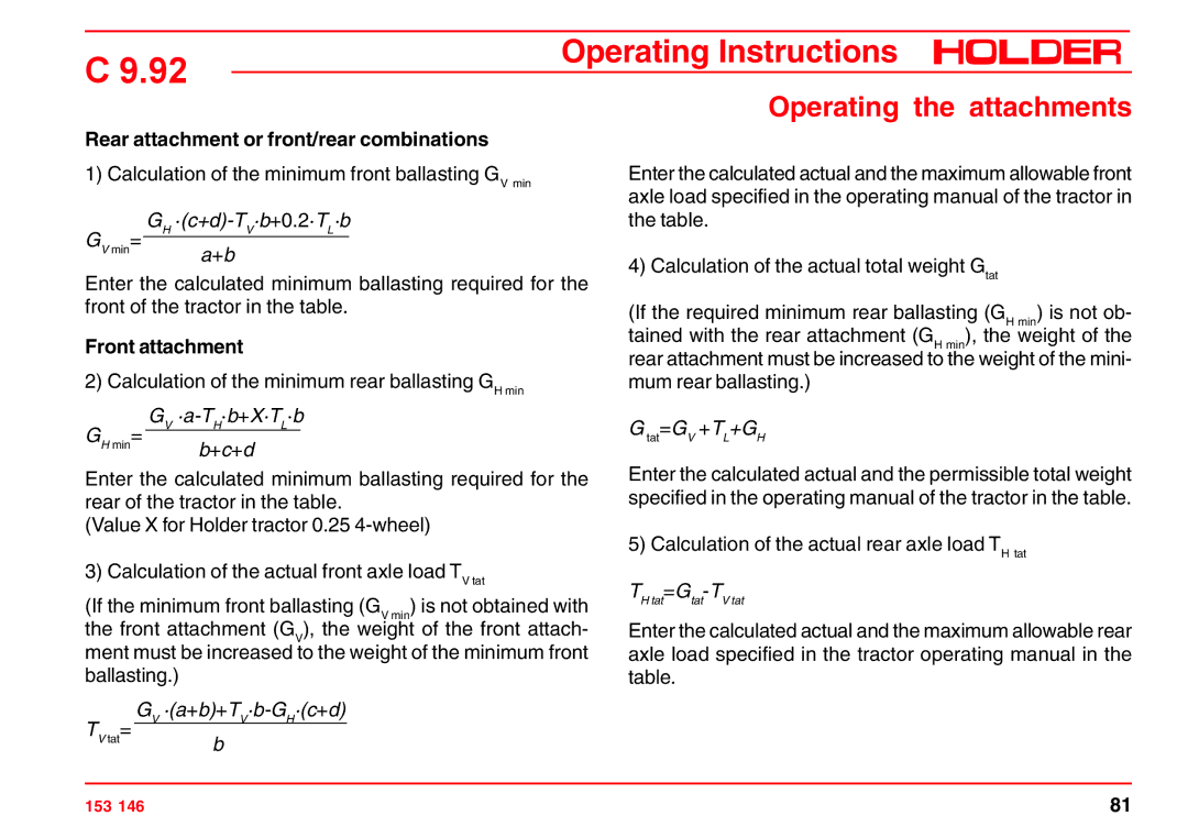 Holder C 9.92 H Operating the attachments, Rear attachment or front/rear combinations, Front attachment 