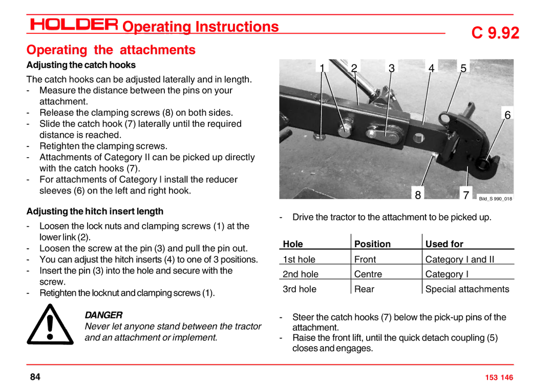 Holder C 9.92 H operating instructions Adjusting the catch hooks, Adjusting the hitch insert length, Hole Position Used for 