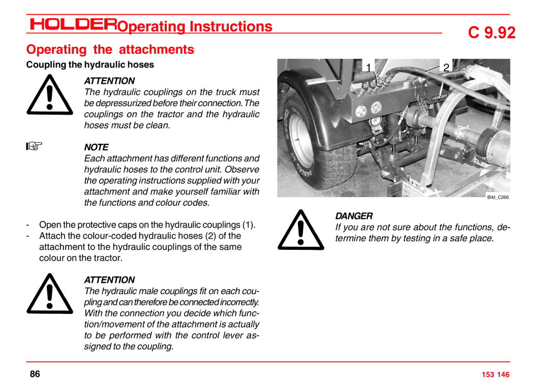 Holder C 9.92 H operating instructions Coupling the hydraulic hoses 