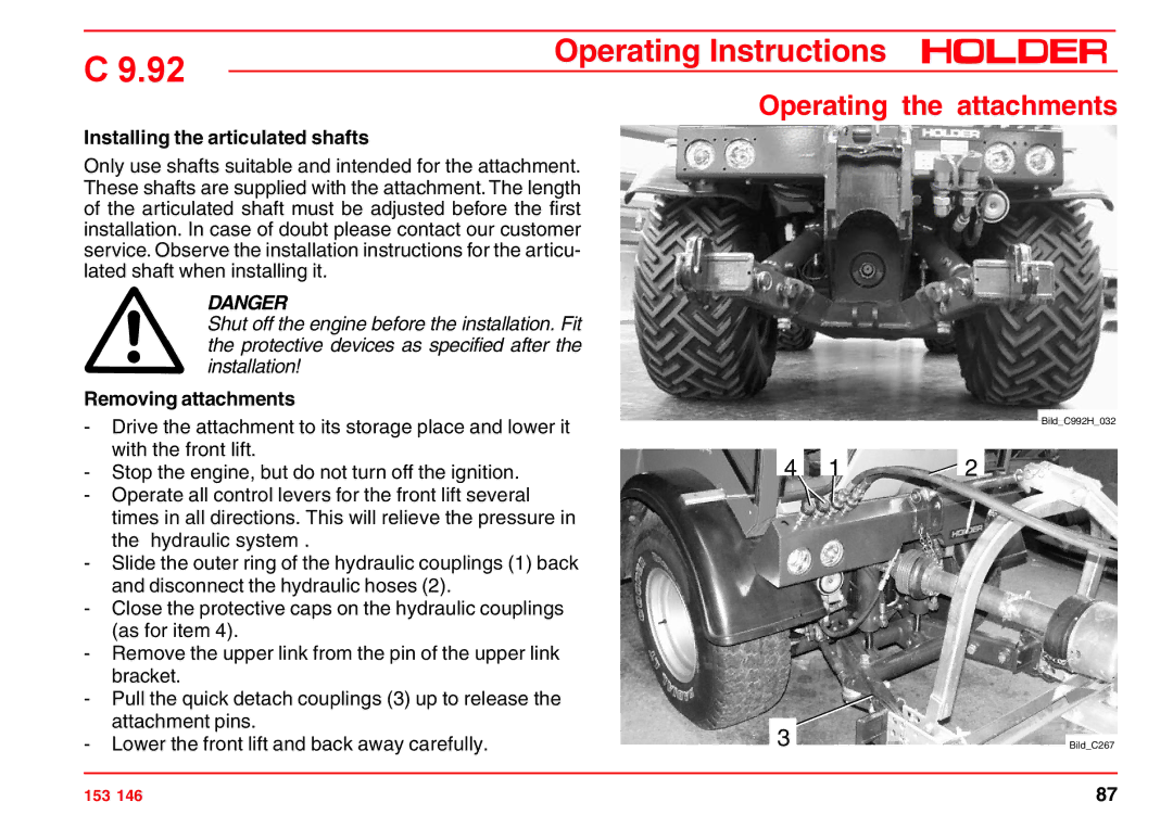 Holder C 9.92 H operating instructions Installing the articulated shafts, Removing attachments 