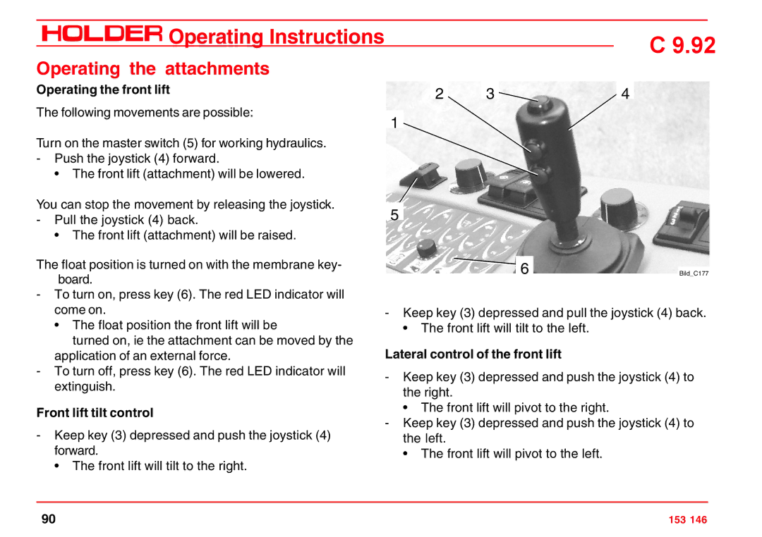 Holder C 9.92 H operating instructions Operating the front lift, Front lift tilt control, Lateral control of the front lift 