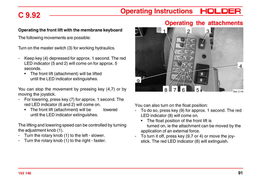 Holder C 9.92 H operating instructions Operating the front lift with the membrane keyboard 