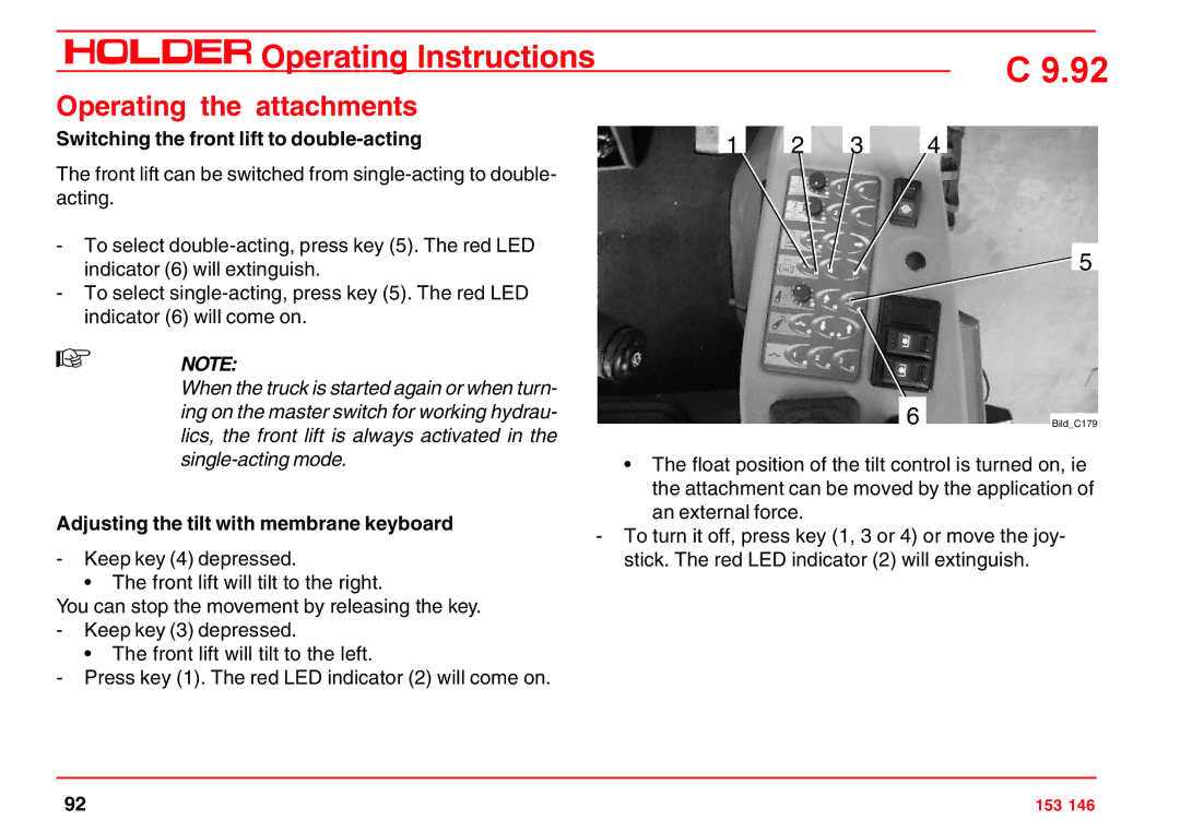 Holder C 9.92 H operating instructions Switching the front lift to double-acting, Adjusting the tilt with membrane keyboard 