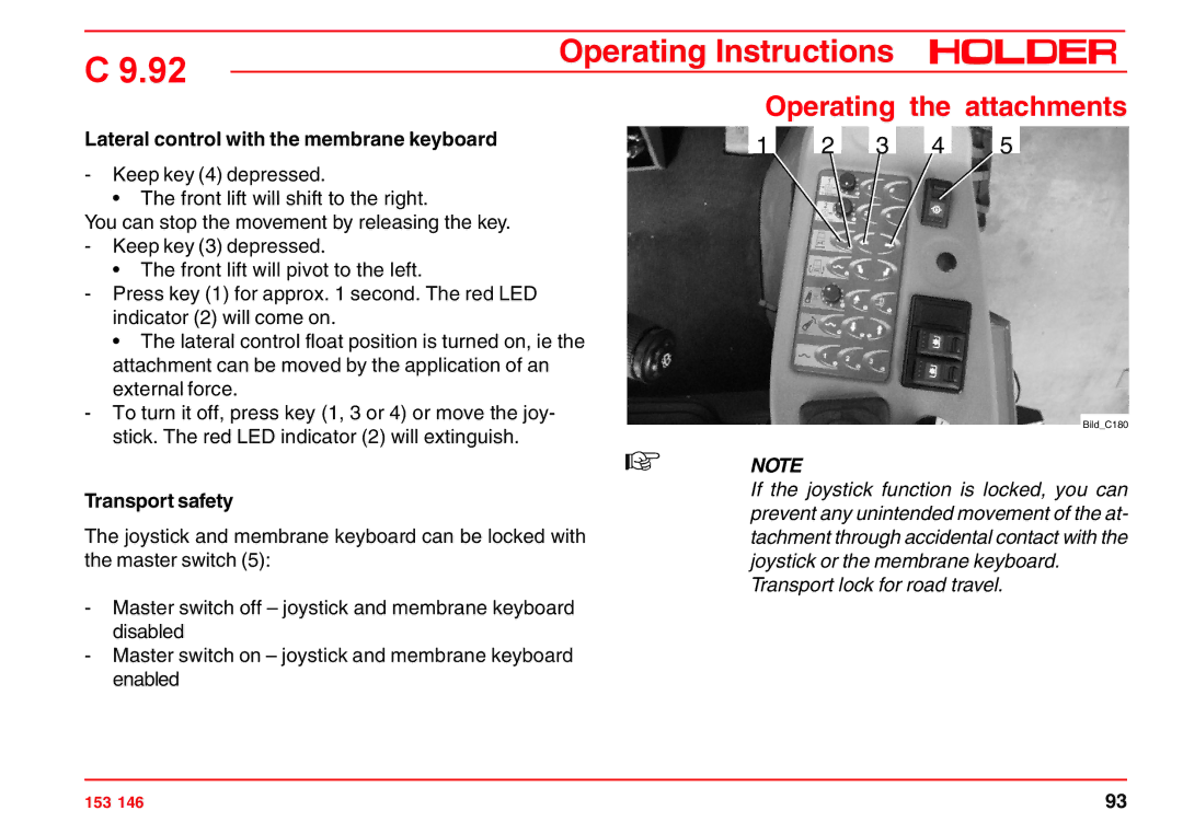 Holder C 9.92 H operating instructions Lateral control with the membrane keyboard, Transport safety 