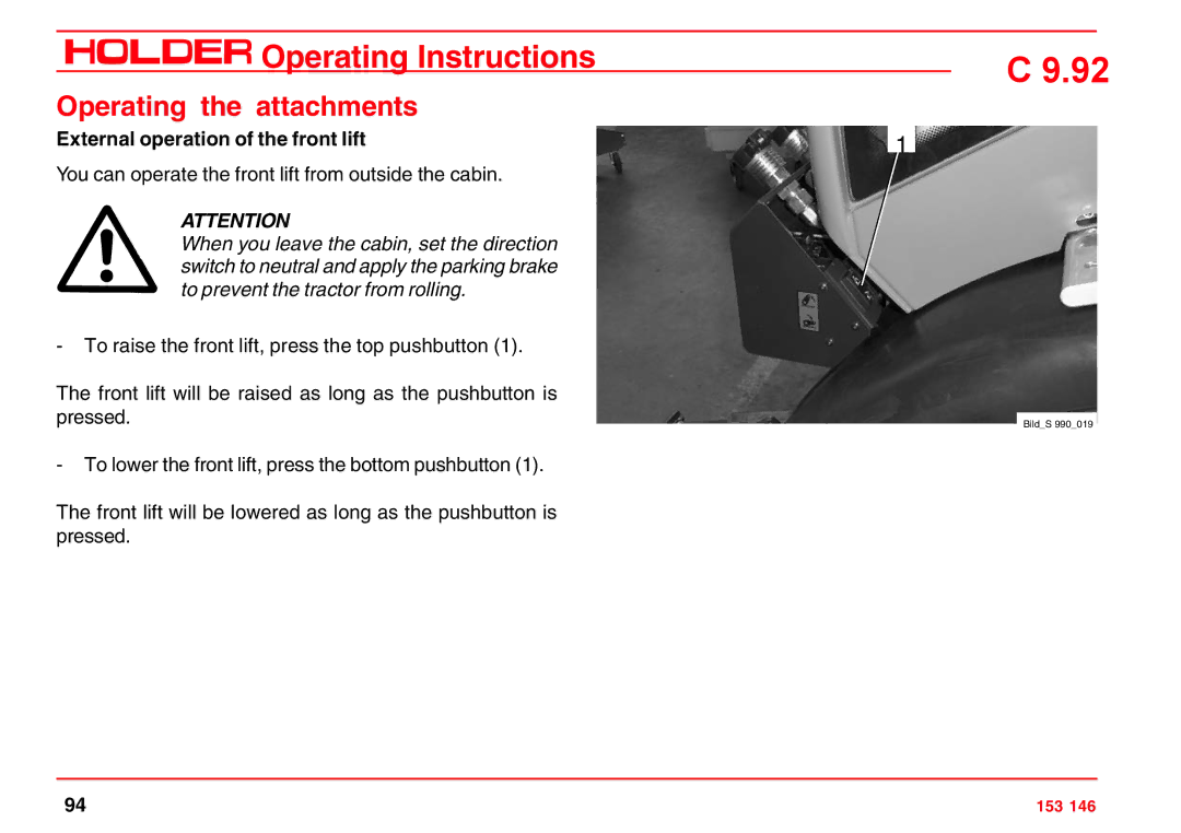 Holder C 9.92 H operating instructions External operation of the front lift 