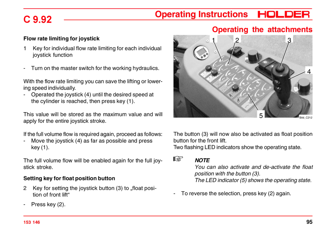 Holder C 9.92 H operating instructions Flow rate limiting for joystick, Setting key for float position button 