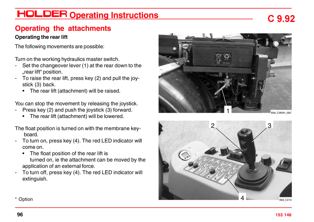 Holder C 9.92 H operating instructions Operating the rear lift 