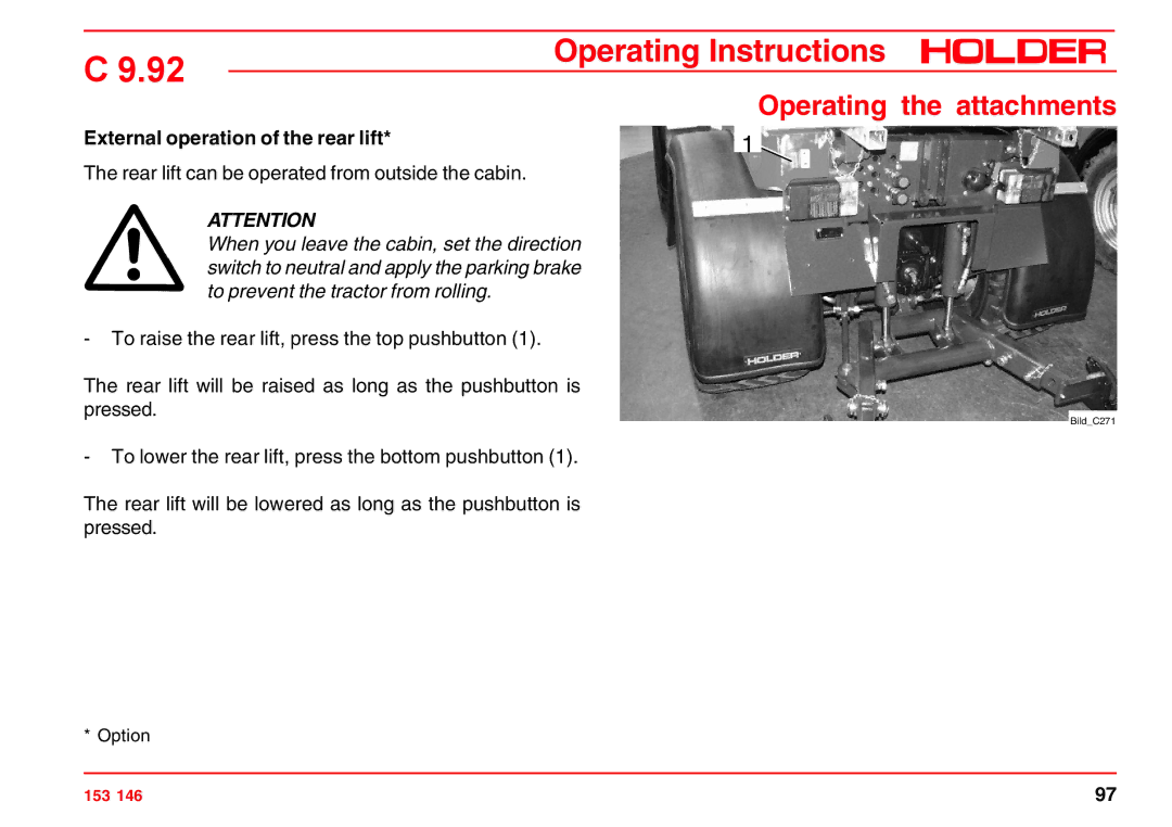 Holder C 9.92 H operating instructions External operation of the rear lift 