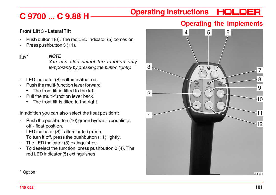 Holder C 9.83 H 7 8, Front Lift 3 - Lateral Tilt, C 9700 ... C 9.88 H, Operating Instructions, Operating the Implements 