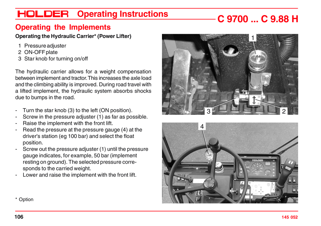 Holder VG 50 EP, C 9.72 H Operating the Hydraulic Carrier* Power Lifter, C 9700 ... C 9.88 H, Operating Instructions 