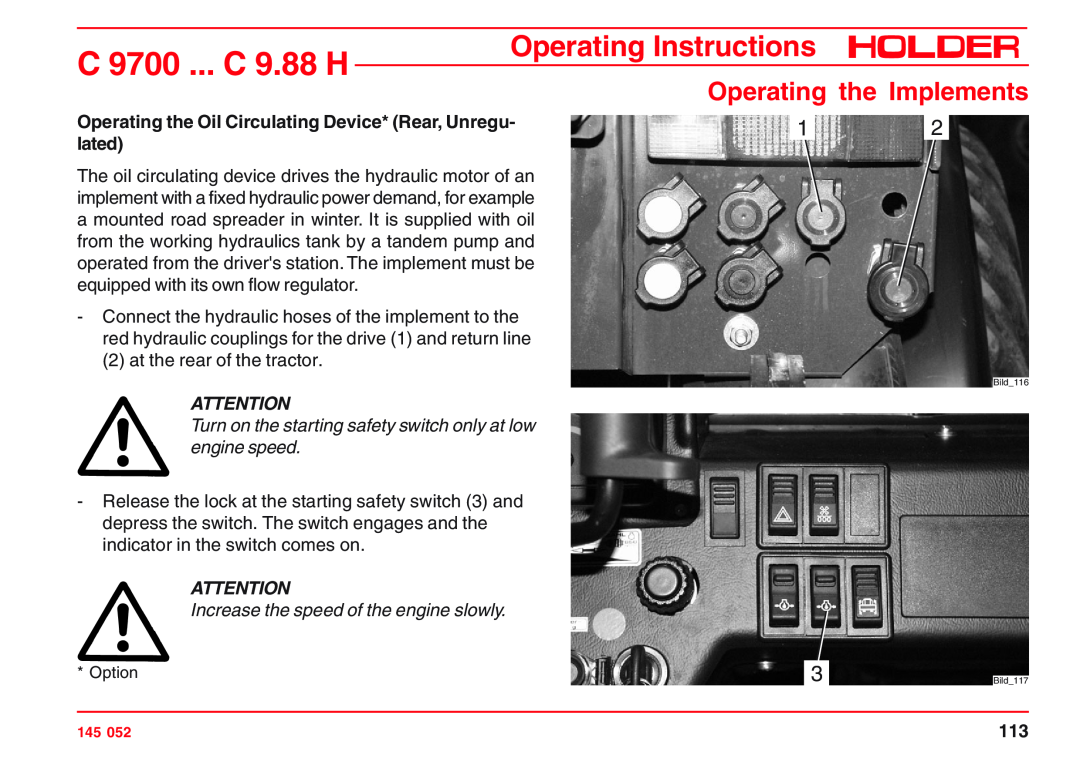 Holder C 9800 H Operating the Oil Circulating Device* Rear, Unregu, lated, C 9700 ... C 9.88 H, Operating Instructions 