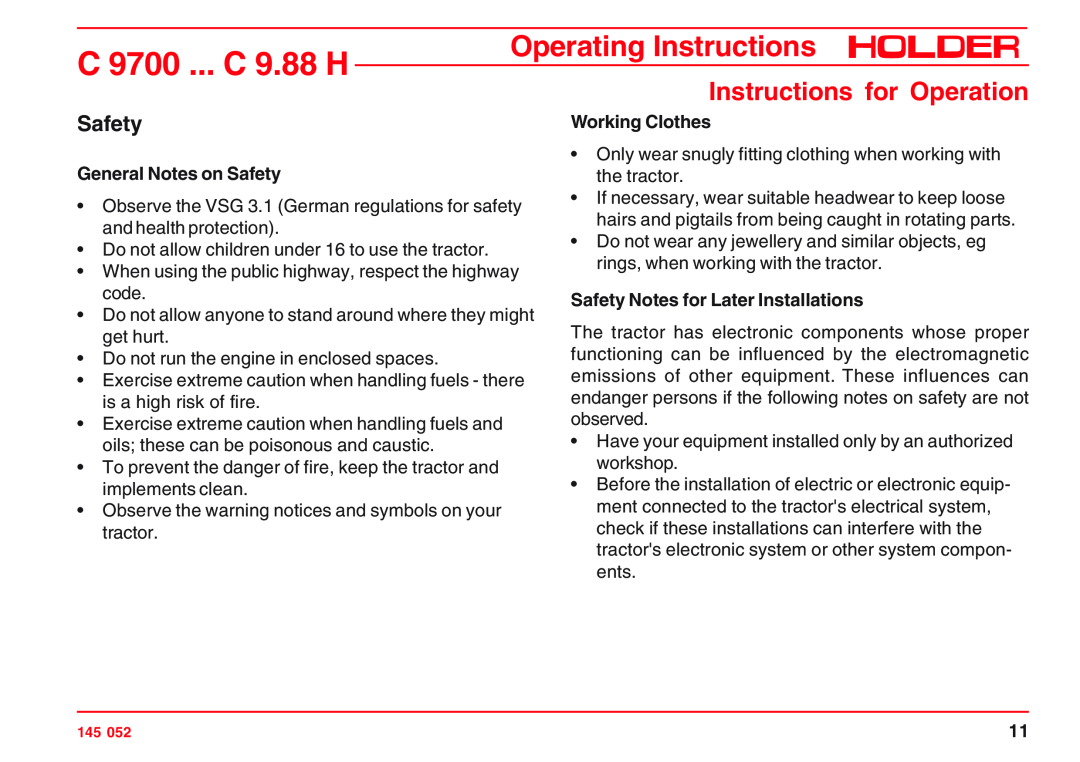 Holder C 9.72 General Notes on Safety, Working Clothes, Safety Notes for Later Installations, C 9700 ... C 9.88 H 