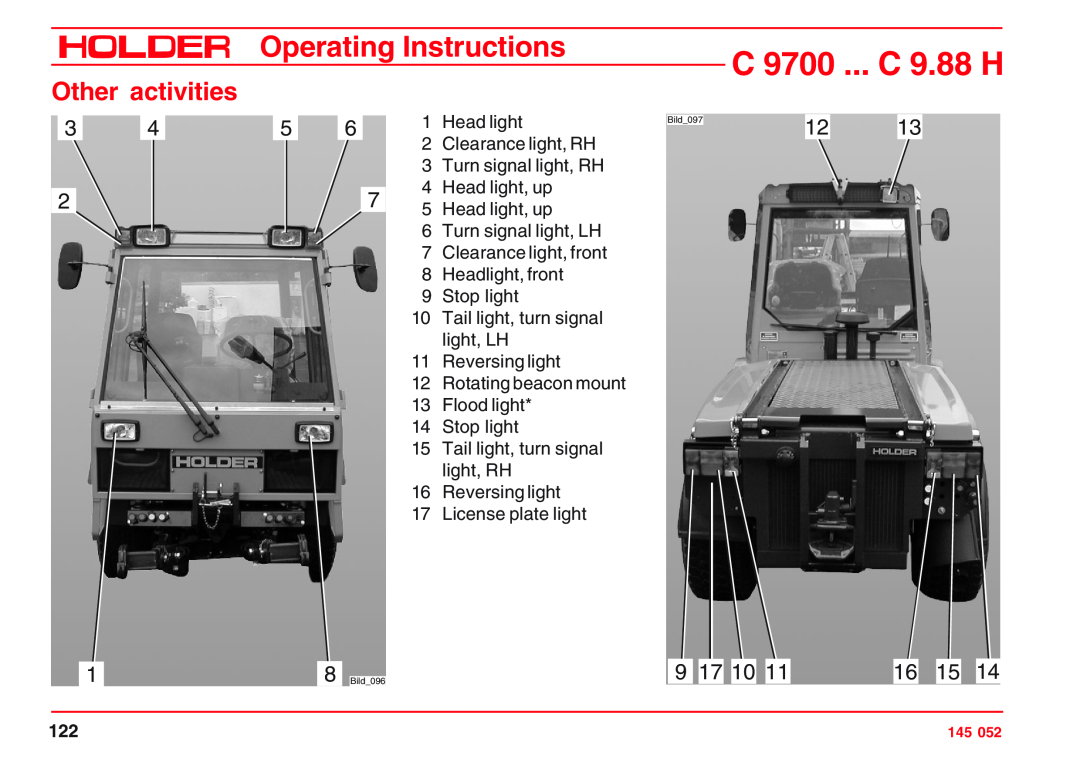 Holder C 9.72 H, VG 50 EP, C 9.83 H, C 9800 H 9 17 10, 16 15, C 9700 ... C 9.88 H, Operating Instructions, Other activities 