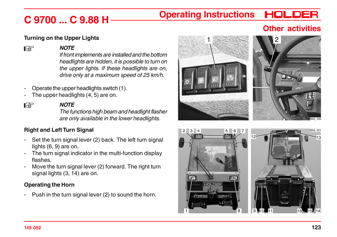 Holder C 9.83 H, VG 50 EP Other activities, Turning on the Upper Lights, The functions high beam and headlight flasher 