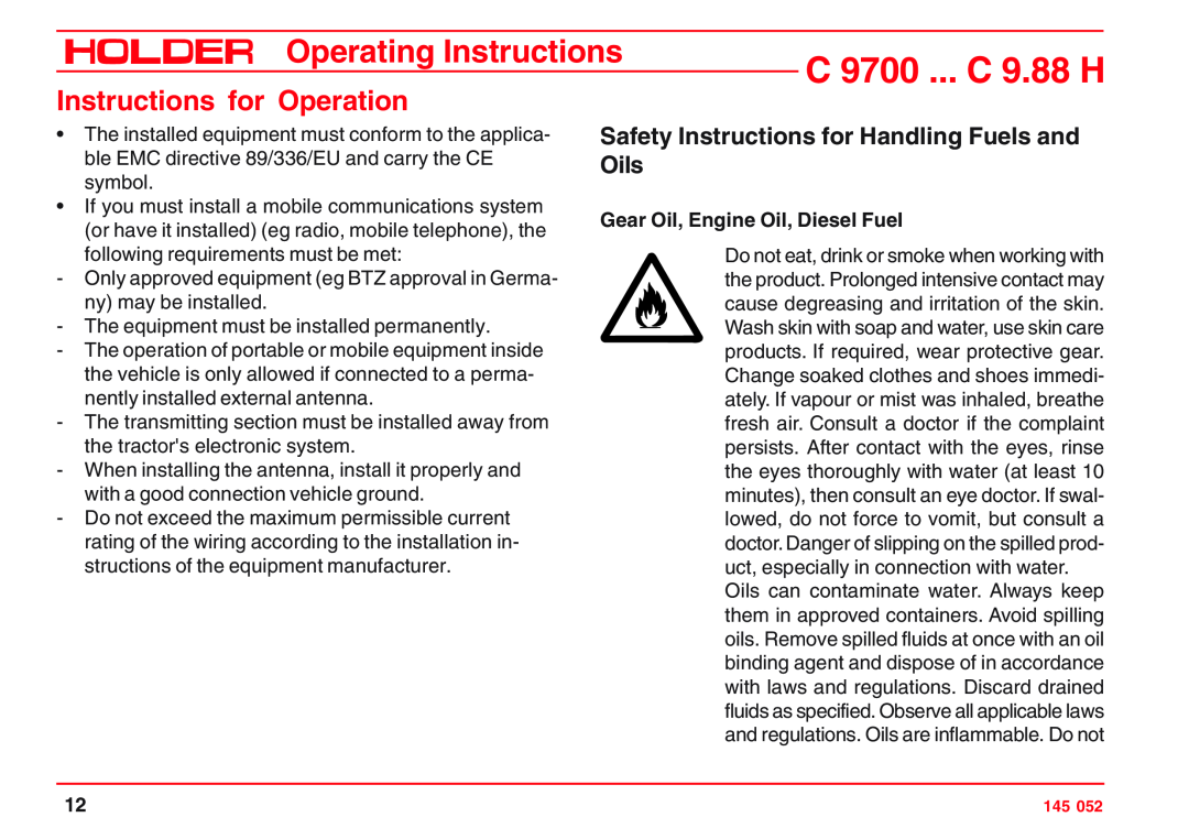Holder C 9.72 H Safety Instructions for Handling Fuels and Oils, Gear Oil, Engine Oil, Diesel Fuel, C 9700 ... C 9.88 H 