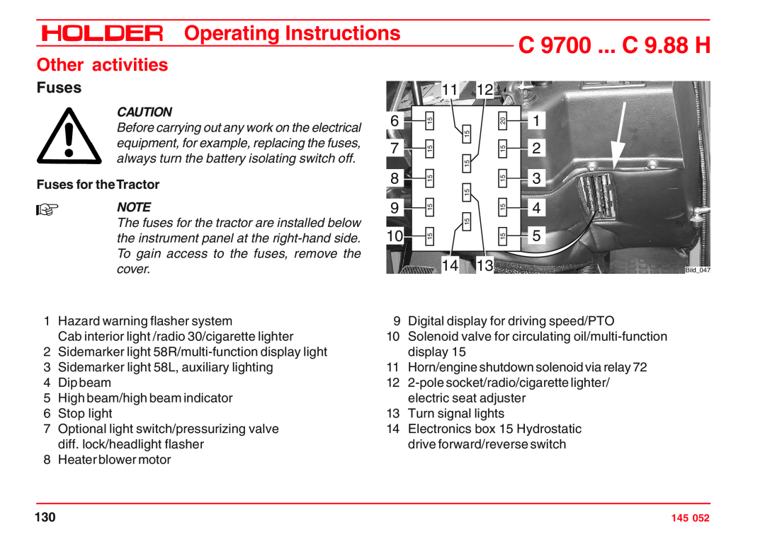 Holder A4 VG 40 EP, VG 50 EP Fuses for the Tractor, C 9700 ... C 9.88 H, Operating Instructions, Other activities 