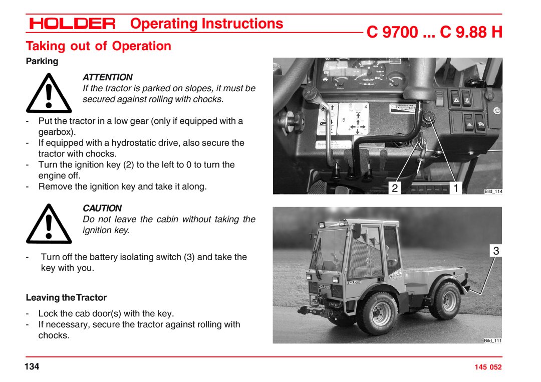 Holder C 9.83 H, VG 50 EP, C 9.72 Taking out of Operation, Parking, Do not leave the cabin without taking the ignition key 
