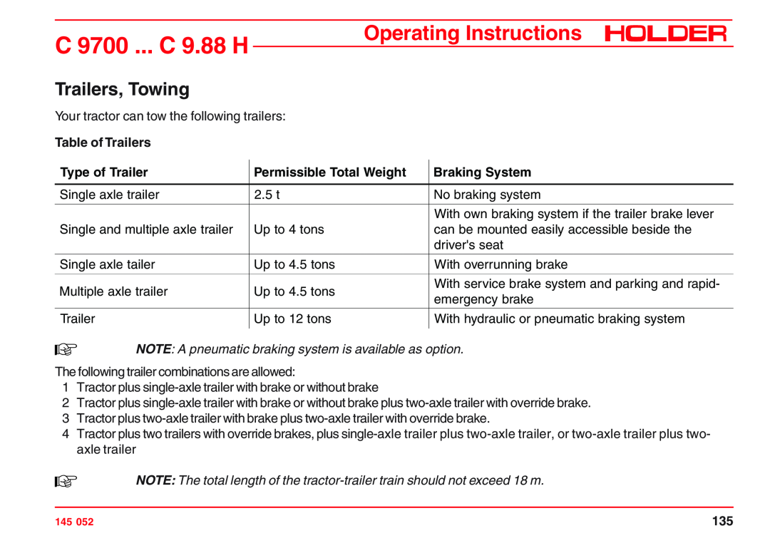 Holder C 9800 H, VG 50 EP Trailers, Towing, Table of Trailers, Type of Trailer, Permissible Total Weight, Braking System 