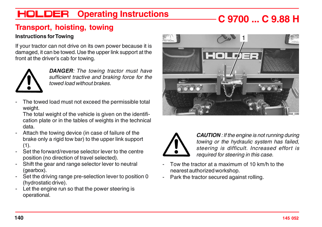 Holder A6 VM 55 EP Transport, hoisting, towing, Instructions forTowing, C 9700 ... C 9.88 H, Operating Instructions 