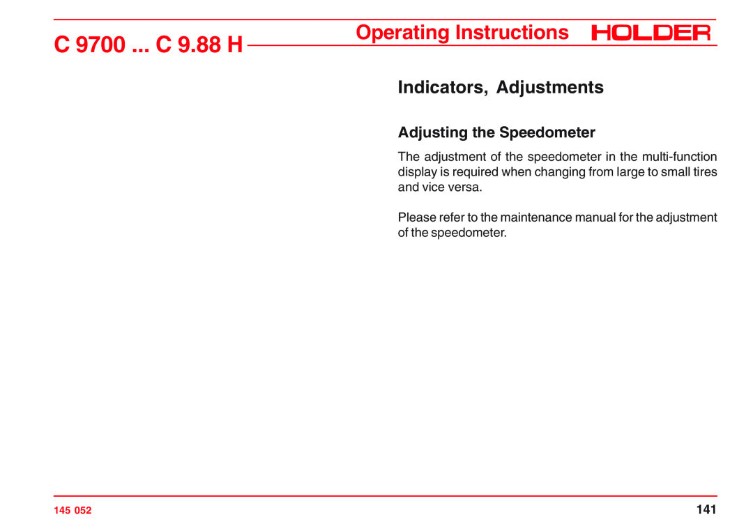 Holder A4 VG 40 EP, C 9.72 Indicators, Adjustments, Adjusting the Speedometer, C 9700 ... C 9.88 H, Operating Instructions 