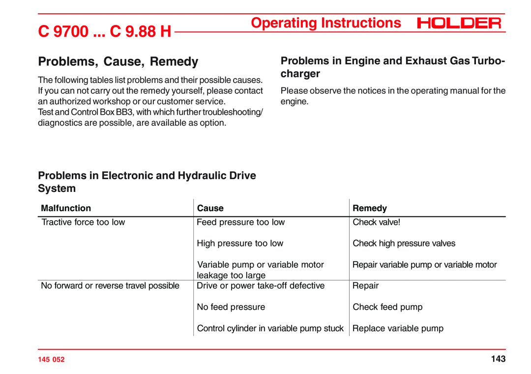 Holder C 9.88 H, VG 50 EP, C 9.72 H Problems, Cause, Remedy, Problems in Engine and Exhaust Gas Turbo- charger, Malfunction 