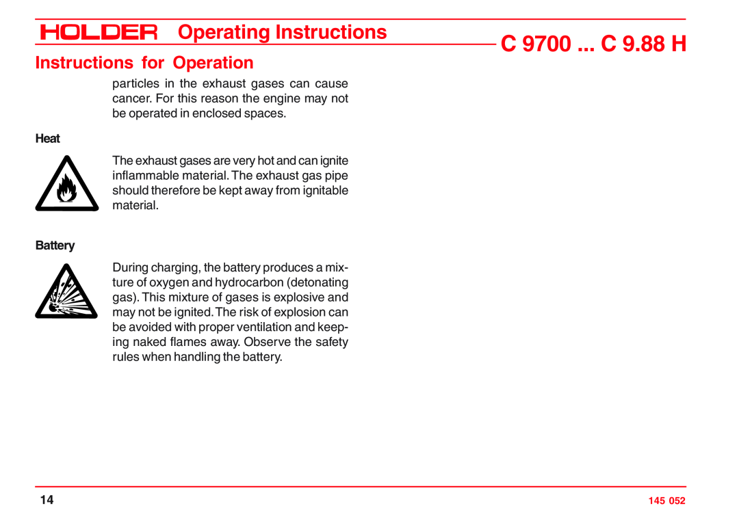 Holder C 9800 H, VG 50 EP, C 9.72 H Heat, Battery, C 9700 ... C 9.88 H, Operating Instructions, Instructions for Operation 