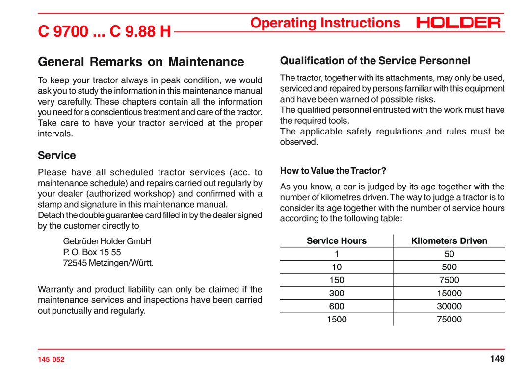 Holder C 9700 H, C 9.72 General Remarks on Maintenance, Qualification of the Service Personnel, How to Value the Tractor? 