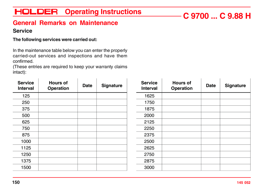 Holder C 9700 General Remarks on Maintenance, The following services were carried out, Service, Hours of, Date, Signature 