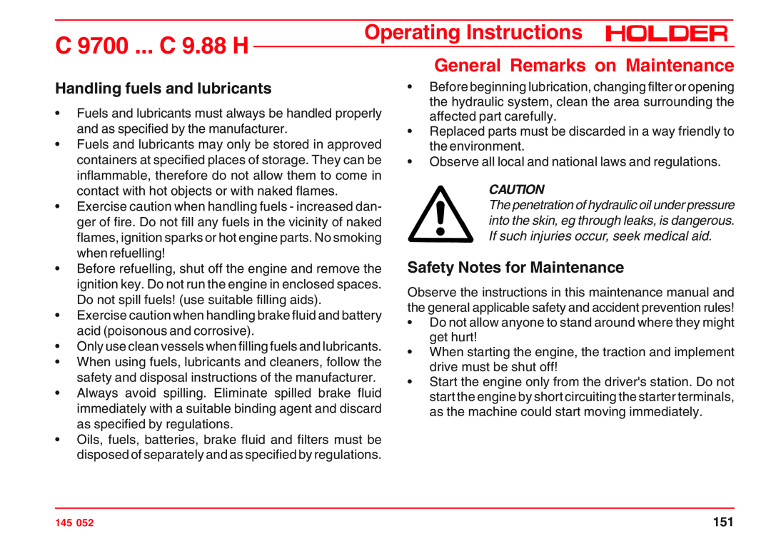 Holder A6 VM 55 EP, VG 50 EP, C 9.72 H Handling fuels and lubricants, Safety Notes for Maintenance, C 9700 ... C 9.88 H 