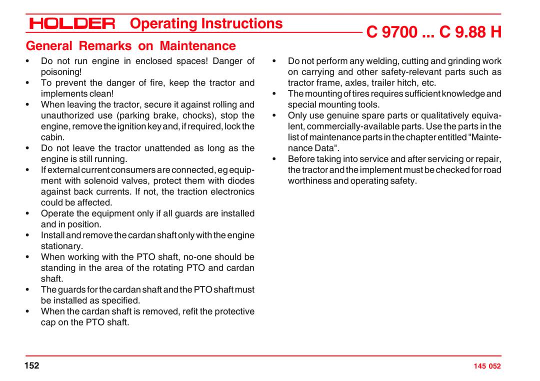 Holder A4 VG 40 EP, VG 50 EP, C 9.72 H, C 9.83 H C 9700 ... C 9.88 H, Operating Instructions, General Remarks on Maintenance 