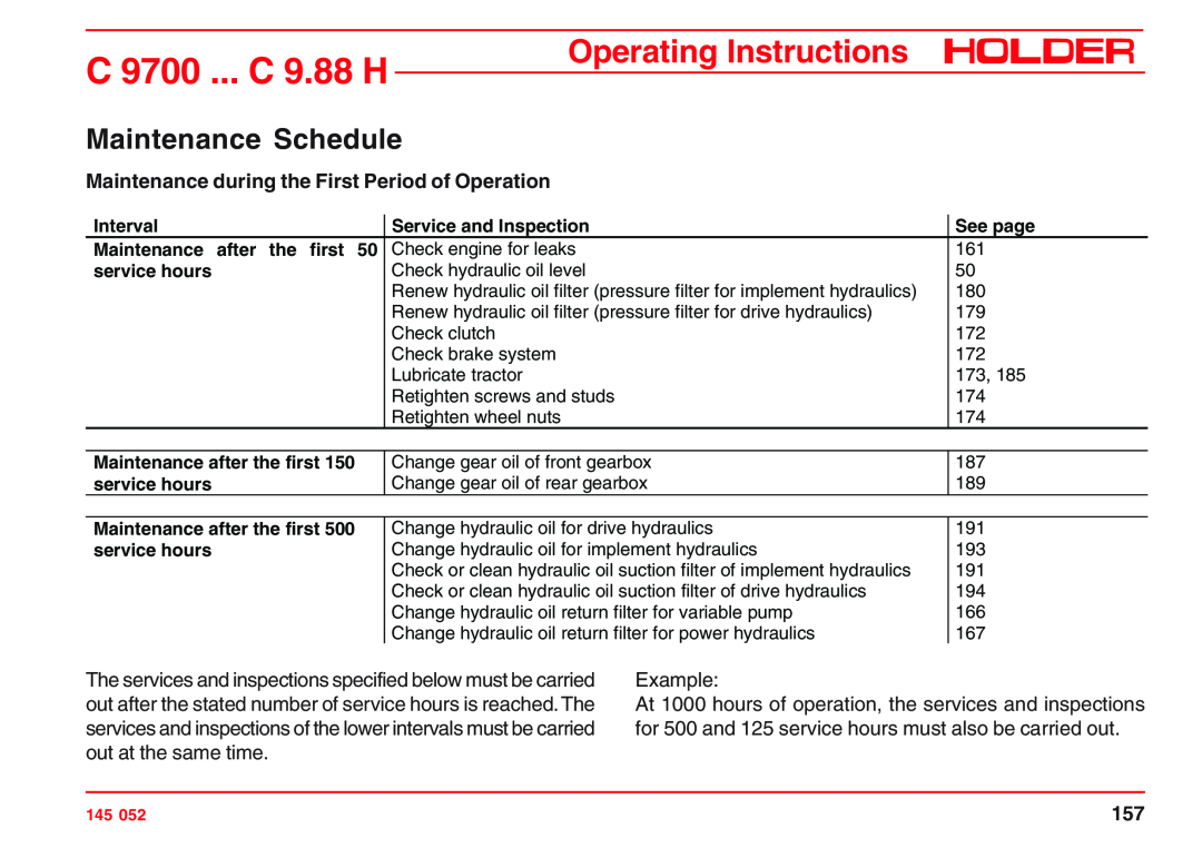 Holder C 9800 H, VG 50 EP Maintenance Schedule, Maintenance during the First Period of Operation, C 9700 ... C 9.88 H 