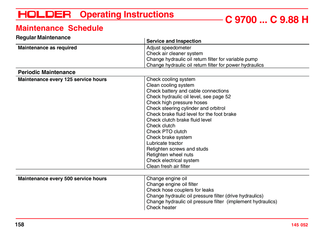 Holder C 9.78 H, VG 50 EP, C 9.72 H Maintenance Schedule, Regular Maintenance, Periodic Maintenance, C 9700 ... C 9.88 H 